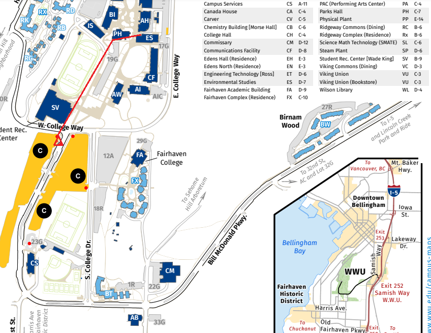 Map of WWU parking and path to Environmental Sciences building